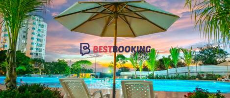 3 outdoor pools, open 10:00 AM to 7:30 PM, pool umbrellas, pool loungers
