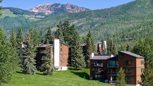 Un immeuble à plusieurs étages, doté de balcons, entouré d’arbres et avec une montagne en arrière-plan.