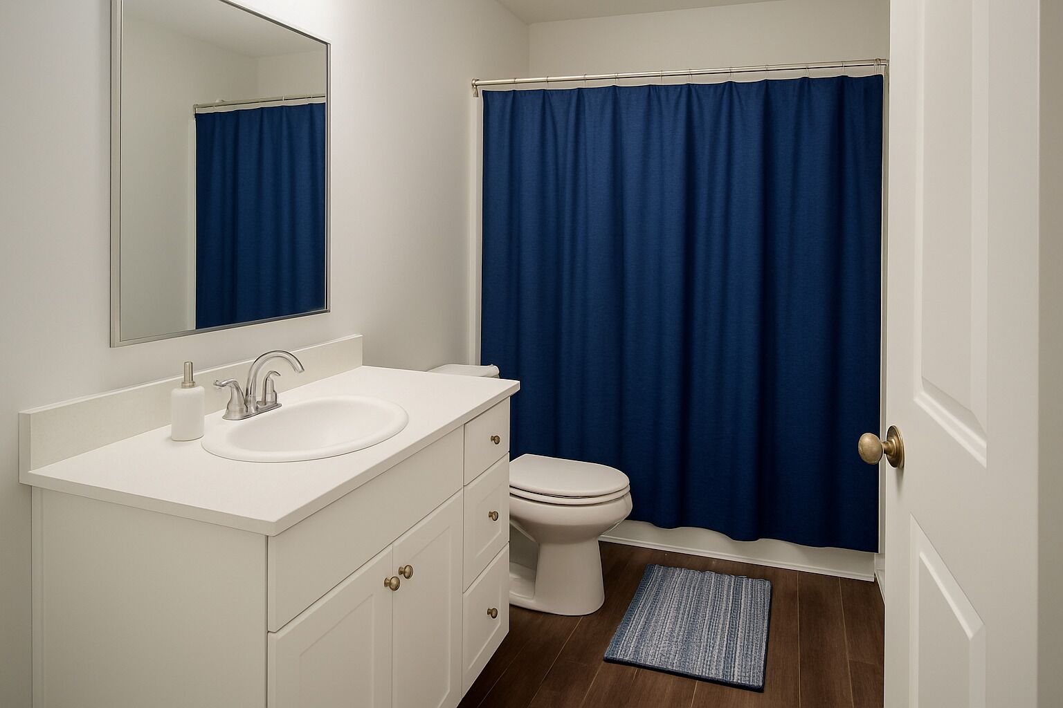 Une salle de bain avec un lavabo blanc, un miroir et des toilettes, un rideau de douche bleu et un plancher en bois.