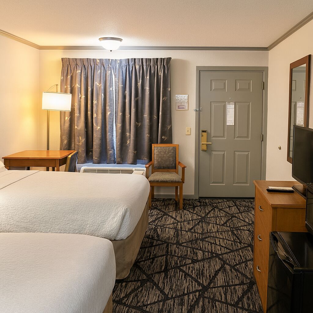 A hotel room with two beds, a desk, a chair, a television, and a door.