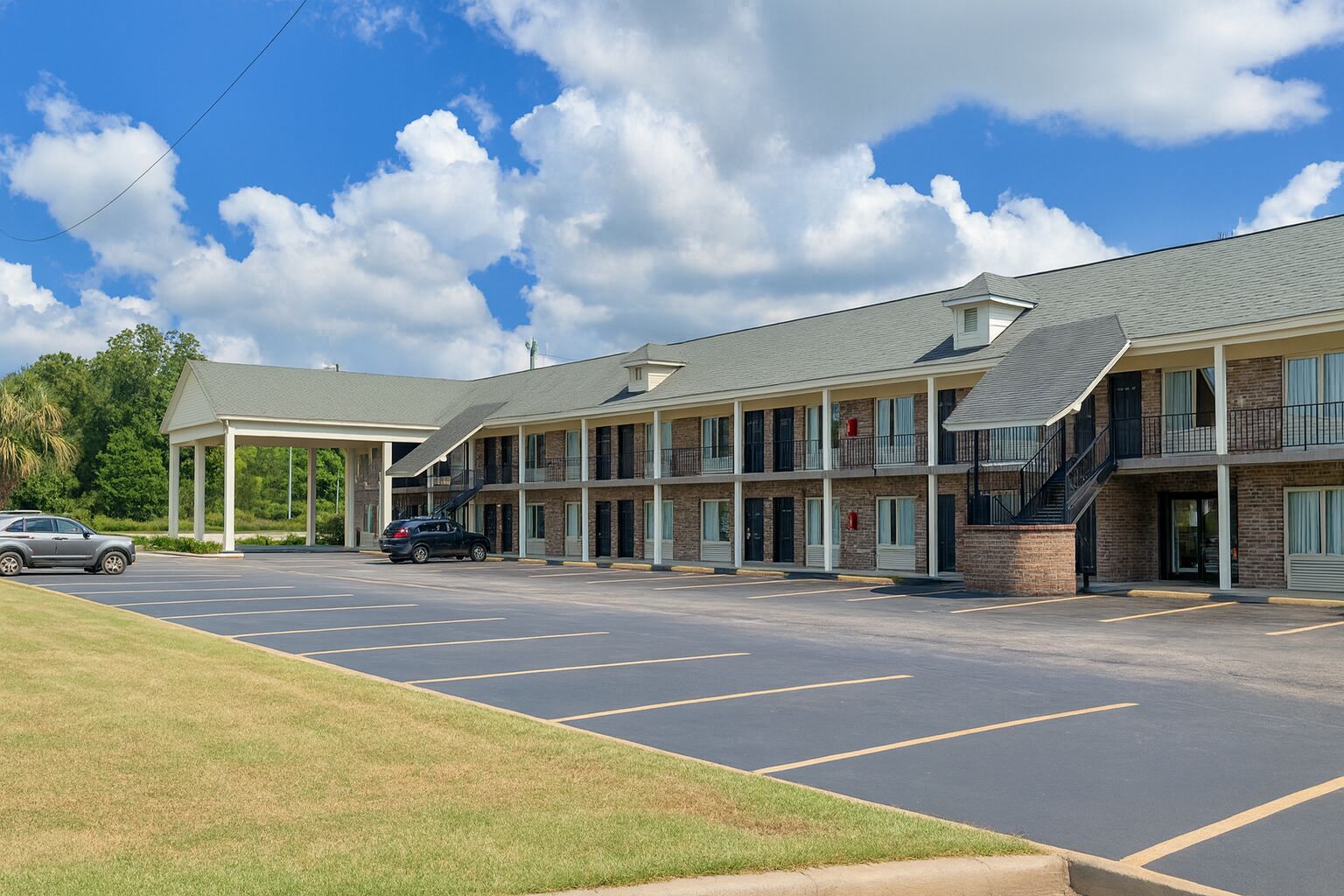 A motel with a covered parking area and multiple-story buildings.