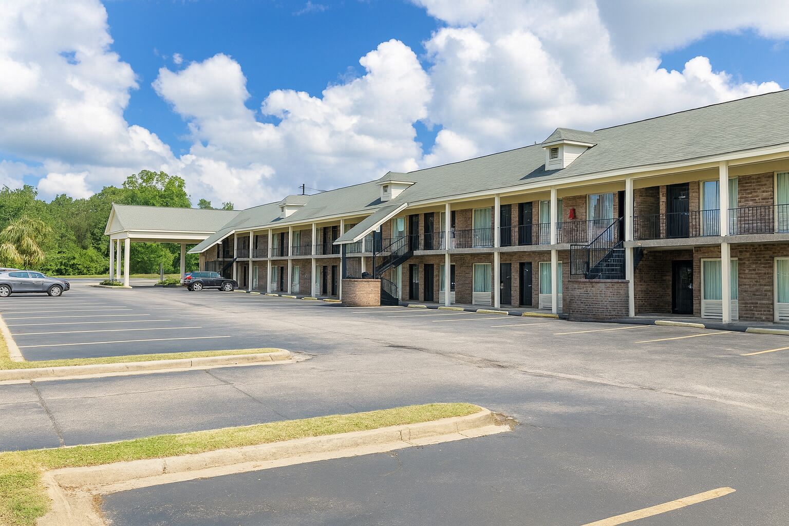 A motel with multiple rooms, a covered parking area, and a brick facade.