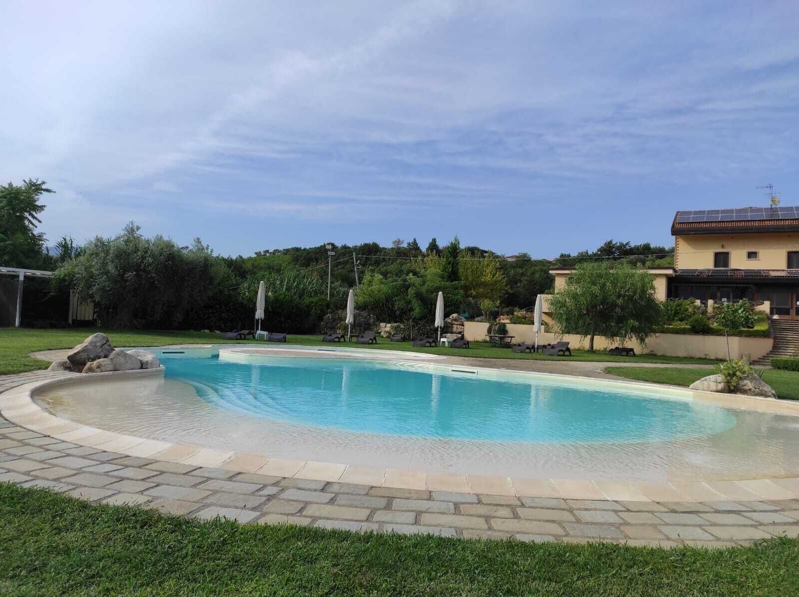 Una piscina con borde de piedra, rodeada de césped y árboles.