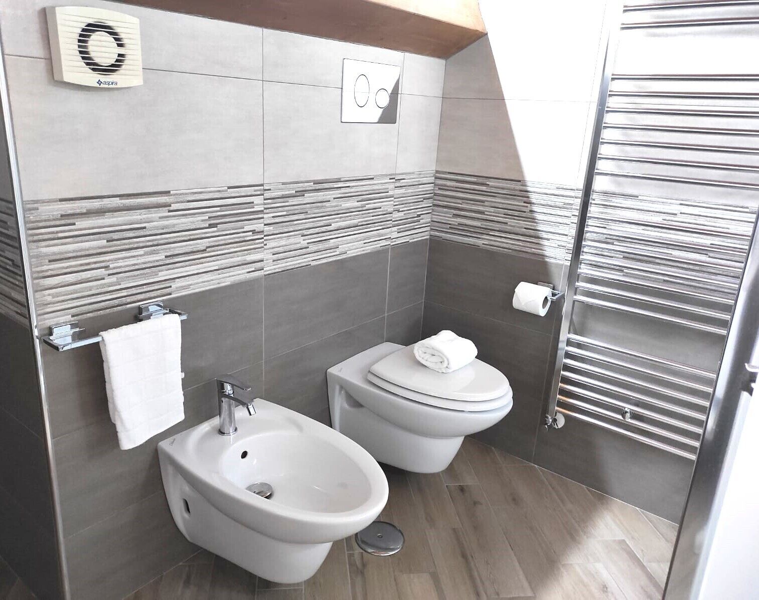 Ein modernes Badezimmer mit einer Bidet-Einrichtung, Toilette und einem Handtuchhalter.