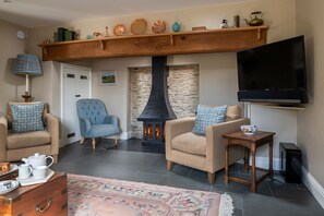 Smart TV, fireplace, books