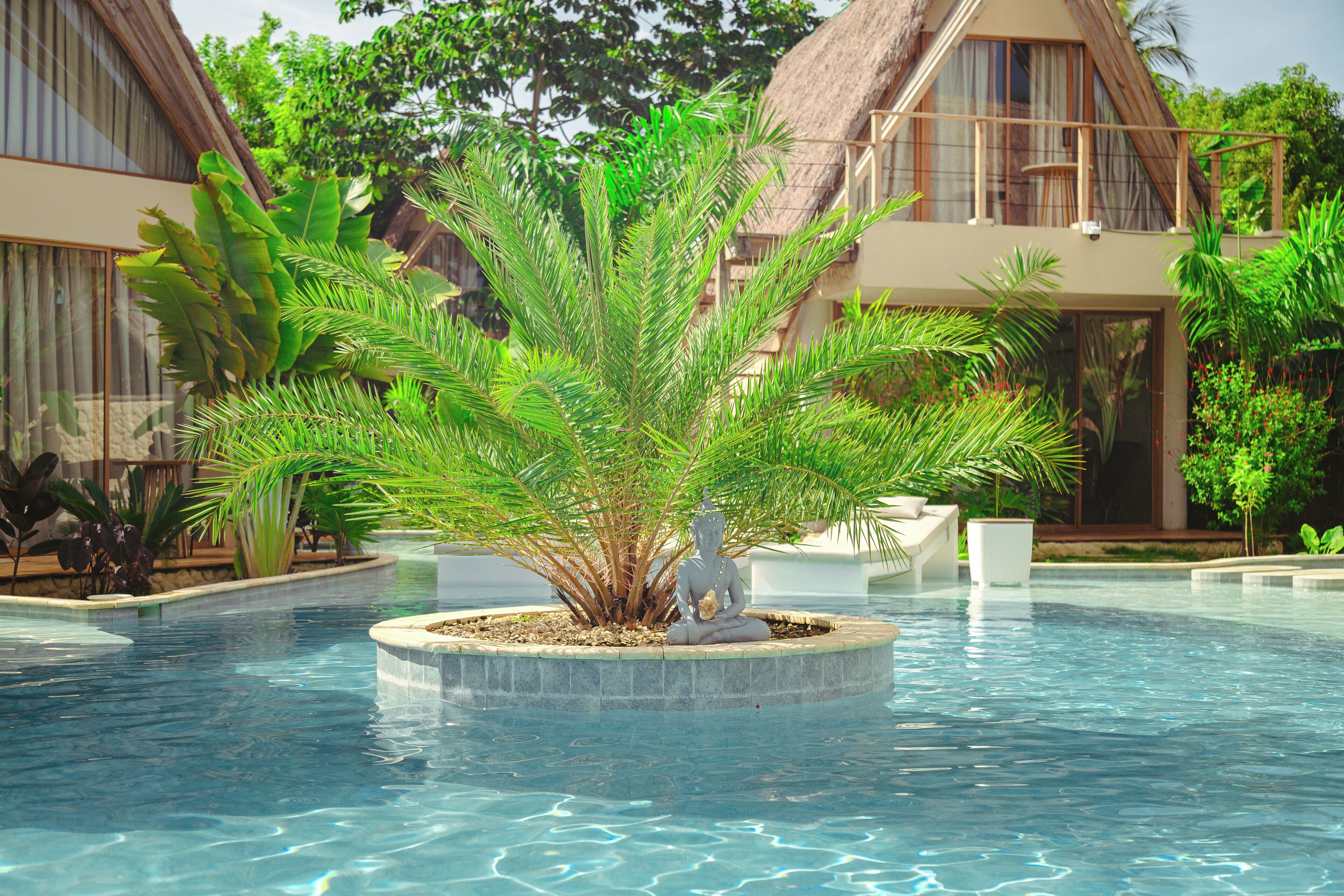 Outdoor pool, pool umbrellas, pool loungers