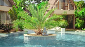 Outdoor pool, pool umbrellas, pool loungers