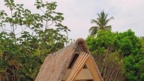 Una cabaña con techo de paja y balcón, rodeada de follaje tropical.