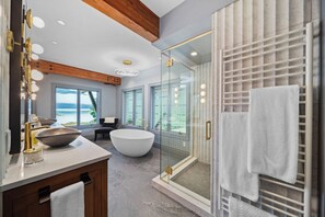 Hair dryer, towels, soap, shampoo