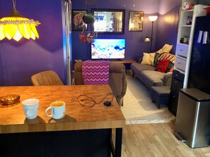 Tv, dvd-spelare, böcker och ett musikbibliotek