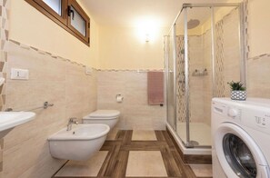 Shower, hair dryer, bidet, towels