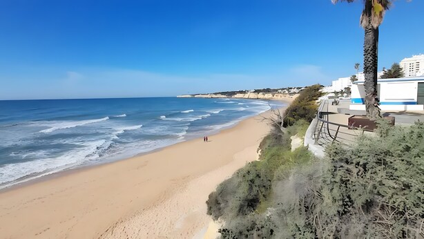 Una playa con cielo despejado, orilla arenosa y algunas personas caminando.