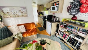 Ein kompakter Wohnraum mit einer Couch, einem Couchtisch mit Pflanzen, einer Küchenzeile inklusive Mikrowelle und Bücherregalen.
