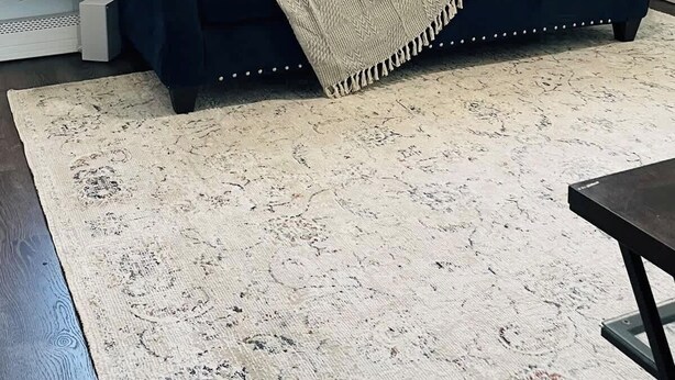 A living room with a dark blue sofa, beige and patterned throw pillows, a round abstract painting on the wall, and a light-colored rug. - Centrally + Conveniently Located (Providence)