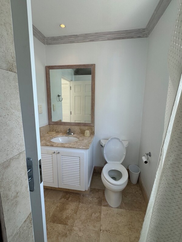 A bathroom with a sink, mirror, toilet, and a trash bin.