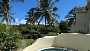 Une piscine dotée d’une terrasse carrelée, entourée de palmiers et d’un jardin.