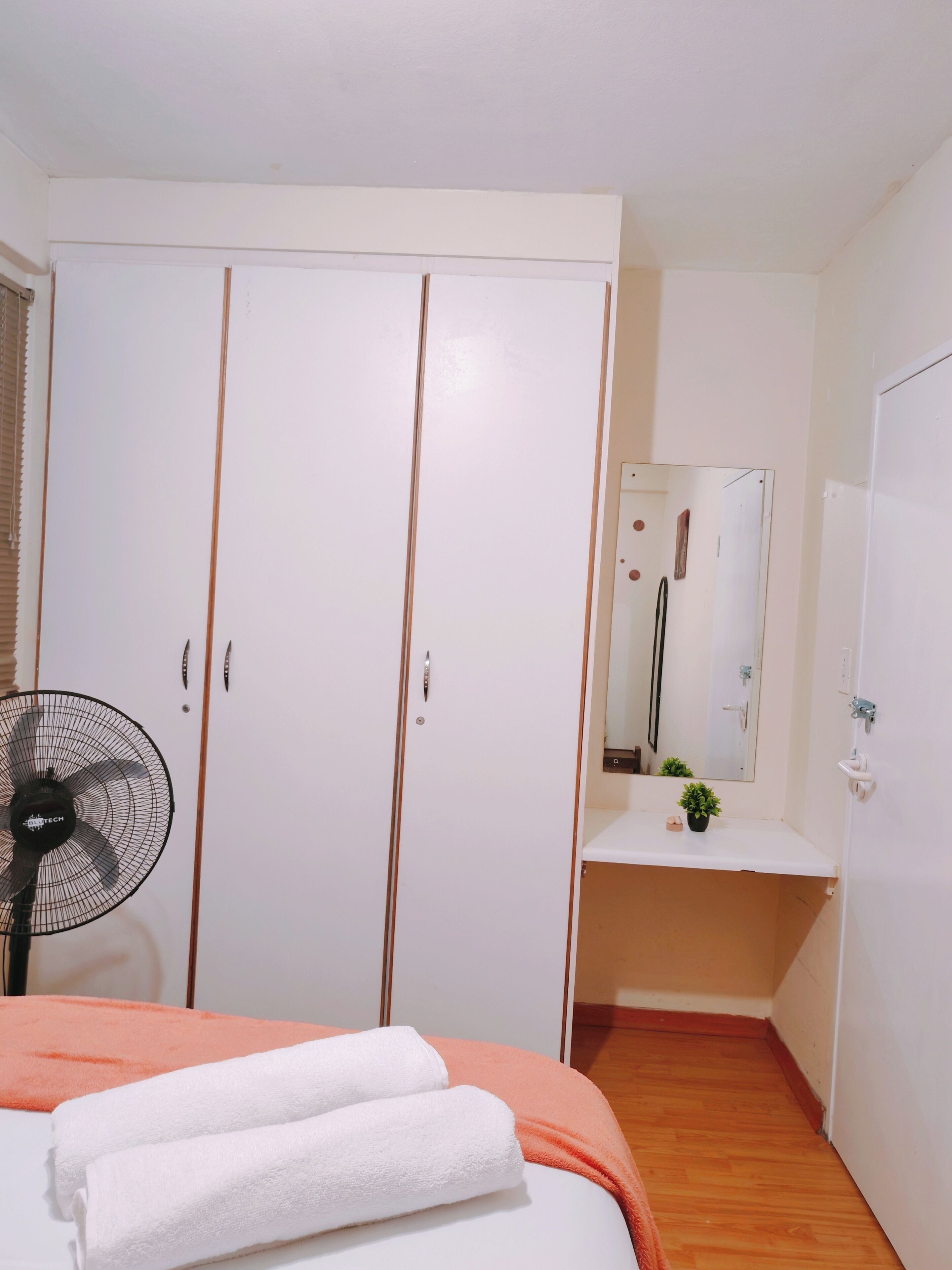 Un dormitorio con cama, armario, espejo, ventilador y una planta pequeña.