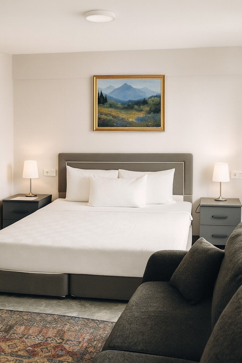 Desk, laptop workspace, blackout curtains, iron/ironing board