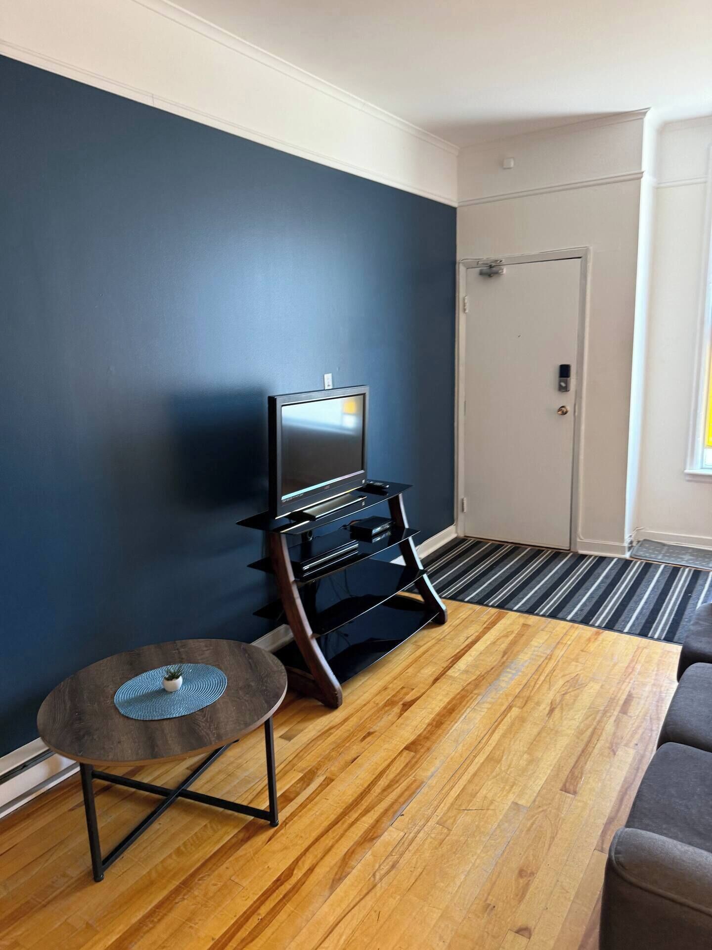 A room with a dark blue wall, a wooden floor, a TV stand, a small round table with a plant, and a door.