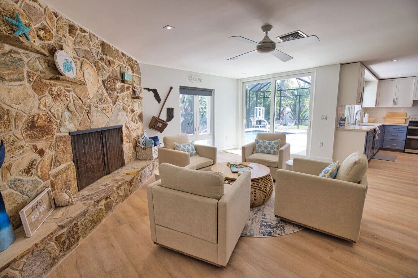 TV, fireplace, printers