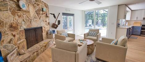 TV, fireplace, printers