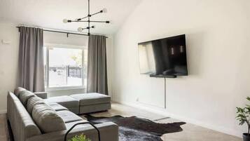 Fernseher, Kamin, Bücher, Arbeitsbereiche