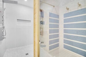 Shower, hair dryer, shampoo