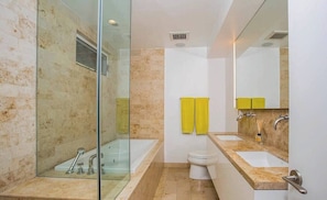 Shower, jetted bath, hair dryer, towels