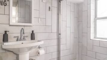 Hair dryer, towels, soap, shampoo