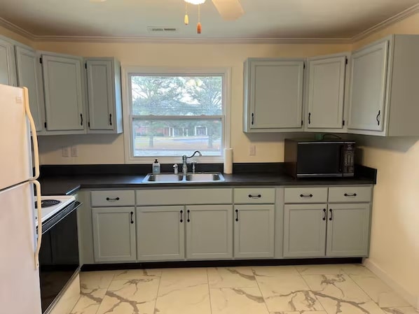 Fridge, microwave, oven, stovetop