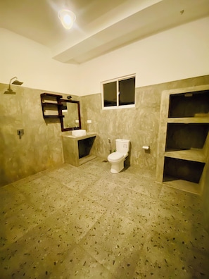 Shower, bidet, towels, soap