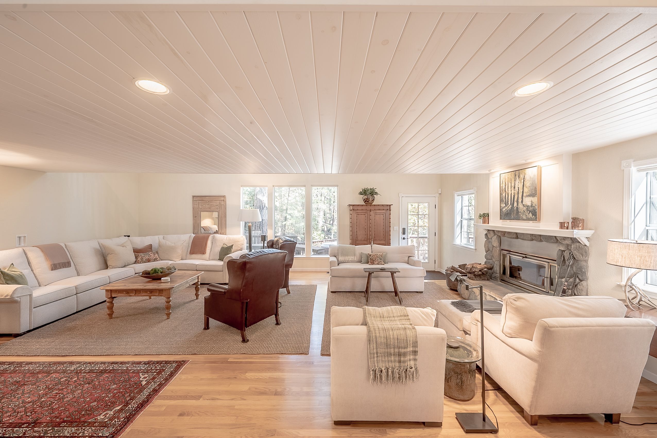 TV, fireplace, books, stereo