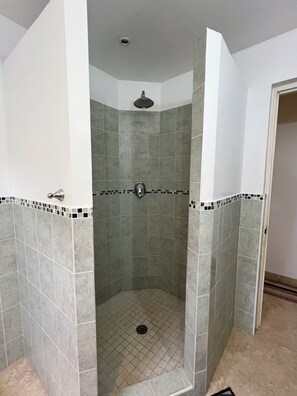 Shower, towels, soap, toilet paper