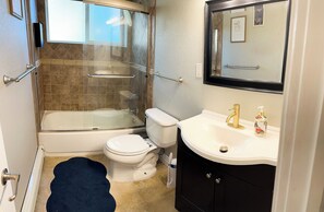 Hair dryer, towels, soap, shampoo