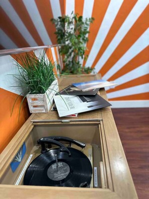 A wooden drawer with a vinyl record, a plant, and some papers.