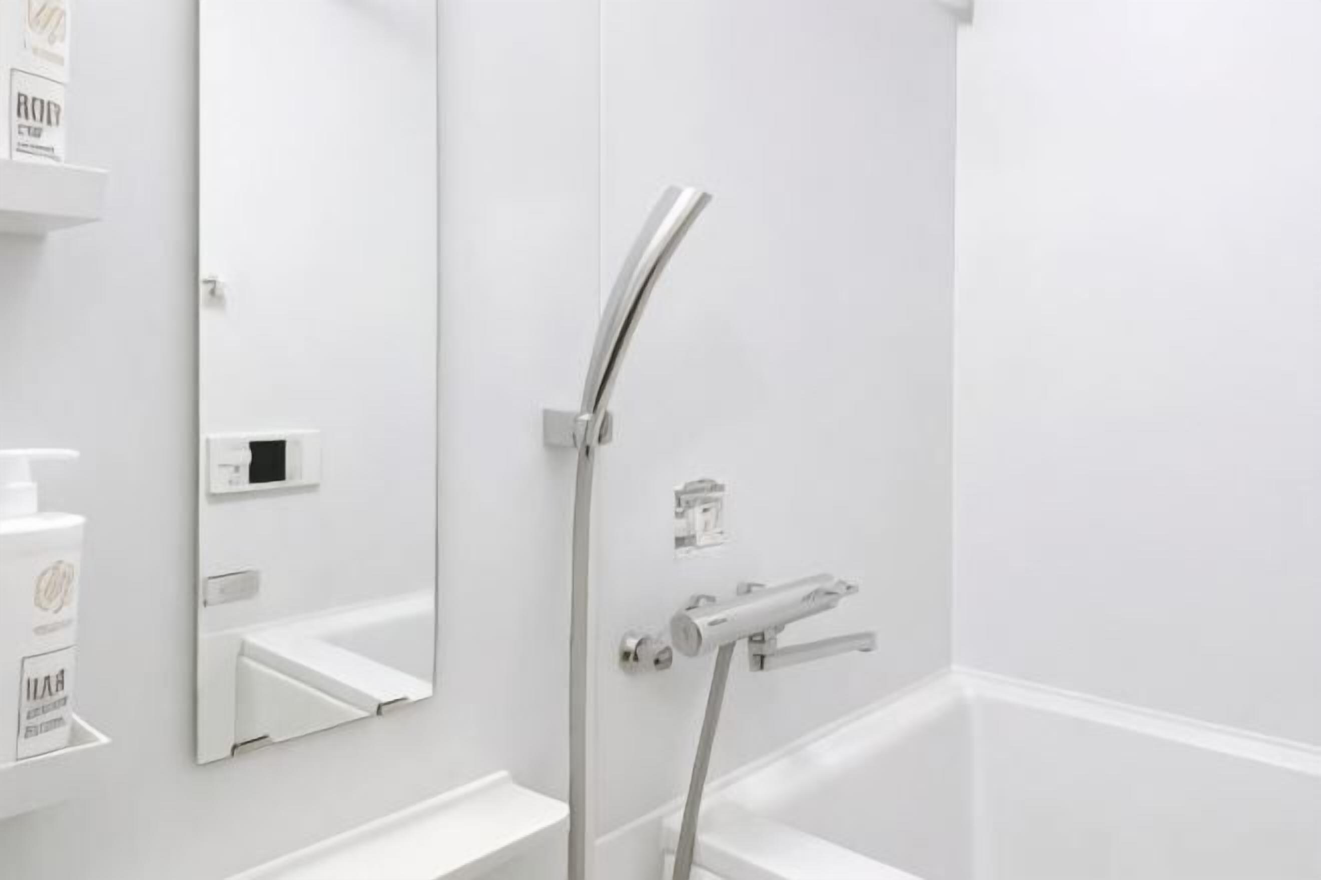 A modern bathroom with a shower, a mirror, and a white sink.