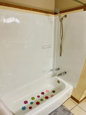 Hair dryer, towels, soap, toilet paper