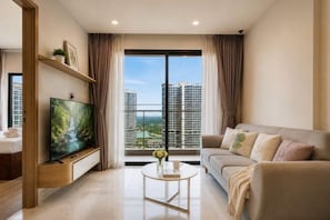 A modern living room with a flat-screen TV, a sofa, a coffee table, and a large window with a city view. - Hera House Vinhomes Grand Park Ho Chi Minh City (Ho Chi Minh City)