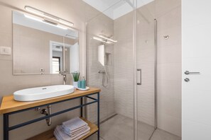 Shower, hair dryer, bidet, towels