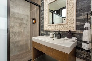 Hair dryer, towels, soap, toilet paper
