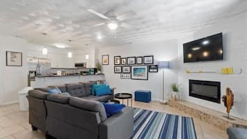 Smart TV, fireplace, books