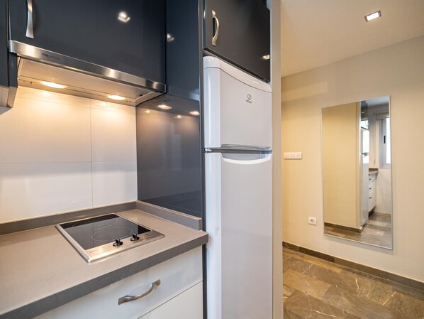 Fridge, microwave, stovetop, coffee/tea maker