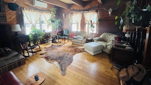 A rustic interior with wooden floors, a leather couch, a green armchair, and a cowhide rug.