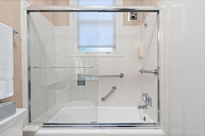 Hair dryer, towels, soap, toilet paper