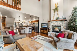Smart TV, fireplace, foosball