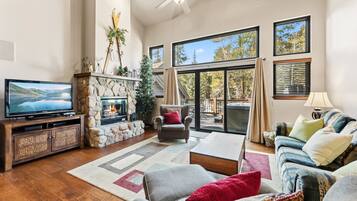 Smart TV, fireplace, foosball