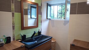 Suihku, hiustenkuivaaja, pyyhkeet, saippua