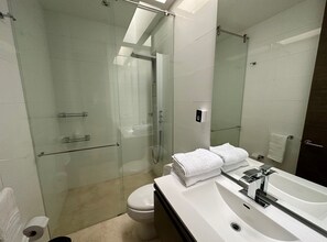 Douche, baignoire à remous, séchoir à cheveux, serviettes fournies