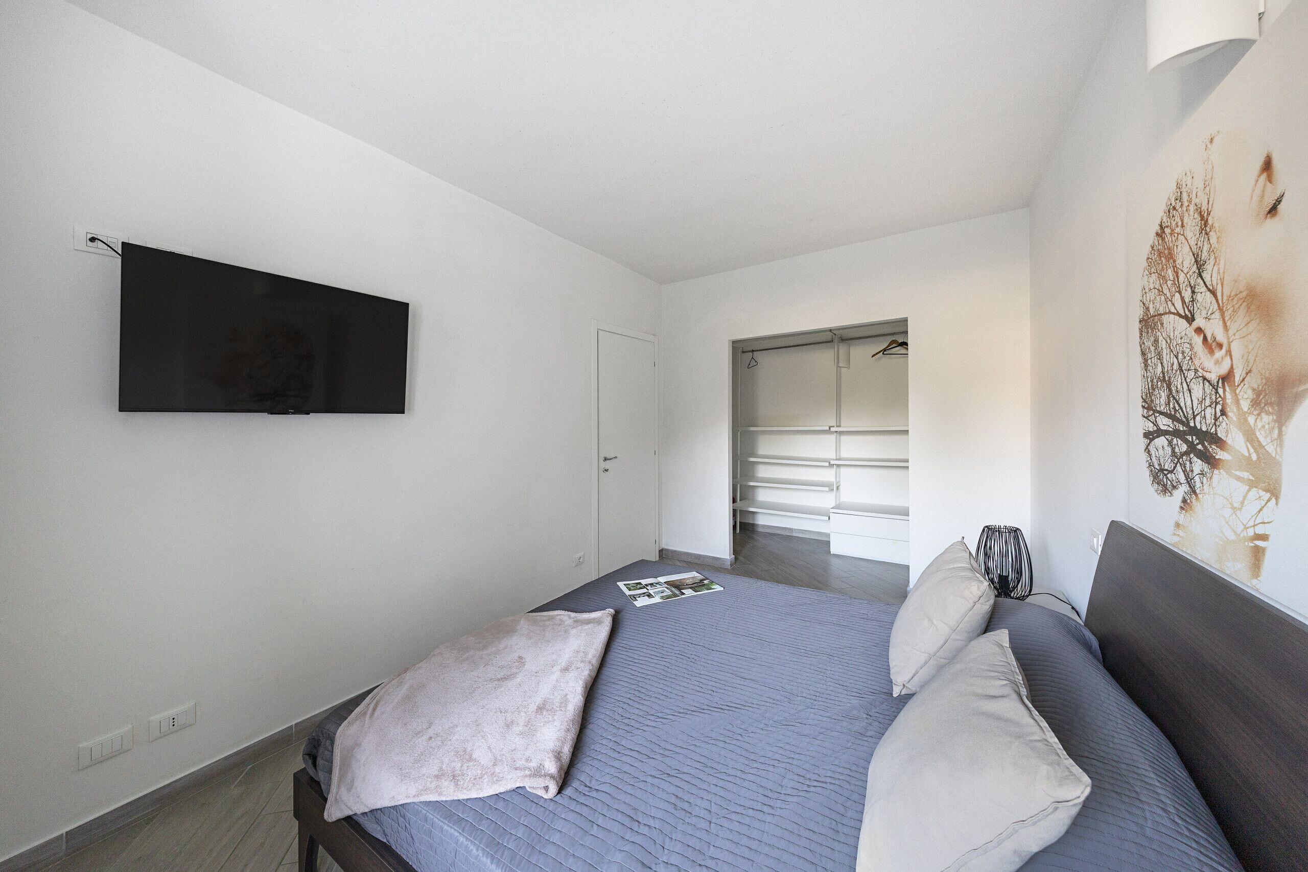 Une chambre à coucher avec un lit, un téléviseur à écran plat fixé au mur, une porte donnant sur un dressing et un tableau accroché au mur.