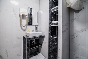 Shower, hair dryer, towels